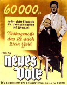 Nazi Poster - translation: 60,000 Reich marks. What this person suffering from is hereditary defects costs the People’s community during his lifetime. Comrade, that is your money too.