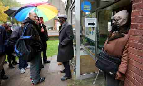 The London borough of Haringey is planning to make people on benefits pay a percentage of council tax. Above, queue outside a Haringey citizens advice bureau, 2012. Photograph: Graeme Robertson