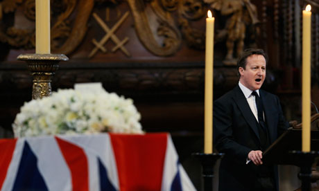 David Cameron delivers a reading during the ceremonial funeral of Margaret Thatcher. Photograph: AFP/Getty Images