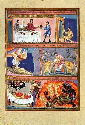 Lazarus and Dives, illumination from the Codex Aureus of Echternach Top panel: Lazarus at the rich man's door Middle panel: Lazarus' soul is carried to Paradise by two angels; Lazarus in Abraham's bosom Bottom panel: Dives' soul is carried off by two devils to Hell; Dives is tortured in Hades