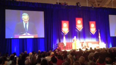 Tony Blair pays tribute to Margaret Thatcher in Lafayette College speech.