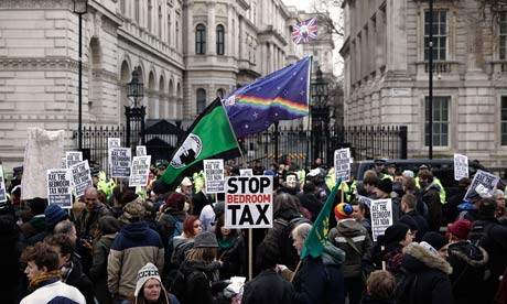 Protesters against the proposed 'bedroom tax' gather outside Downing Street in London. Photograph: Matthew Lloyd/Getty Images