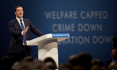 George Osborne speaks at the Conservative party conference. Behind him is the slogan: 'Welfare capped, crime down, immigration down.' Photograph: Christopher Thomond